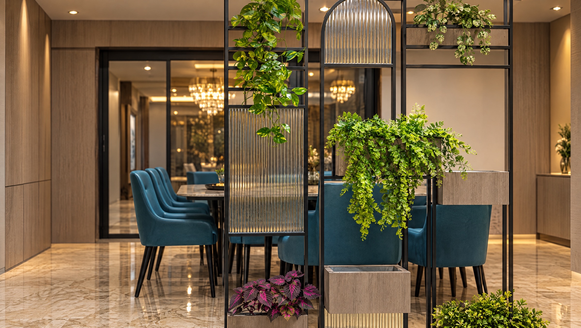 Dining space behind a black metal and fluted-glass partition with trailing plants