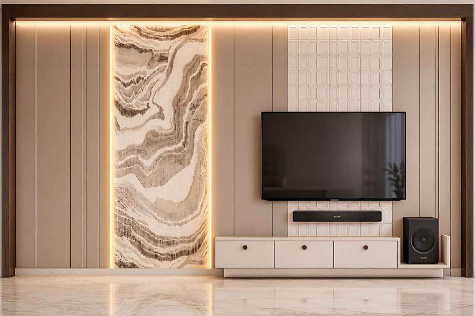 Living room, TV wall with a backlit stone panel