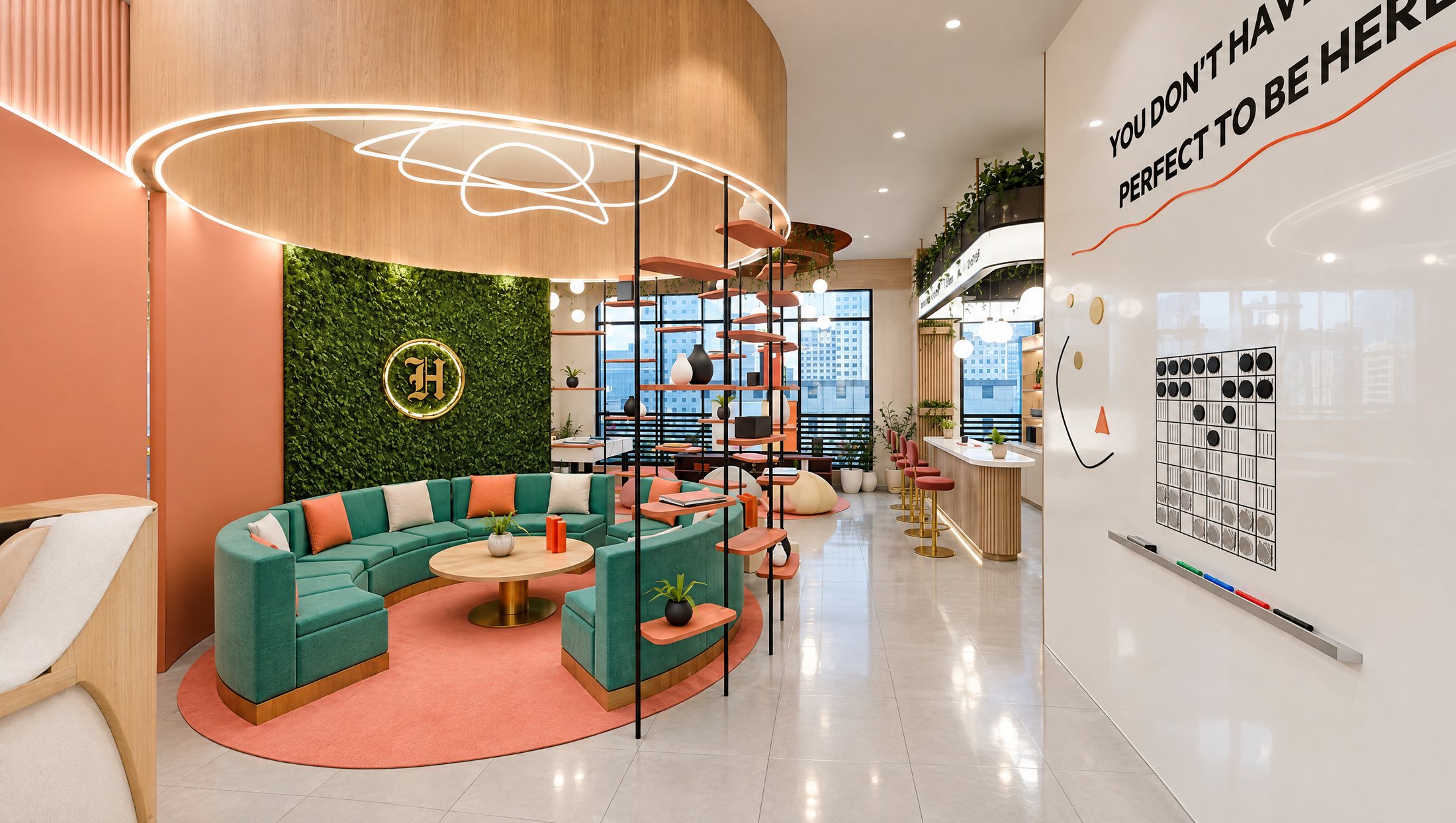 Reception lounge at Human Design Academy with a round green sofa, moss wall and peach walls