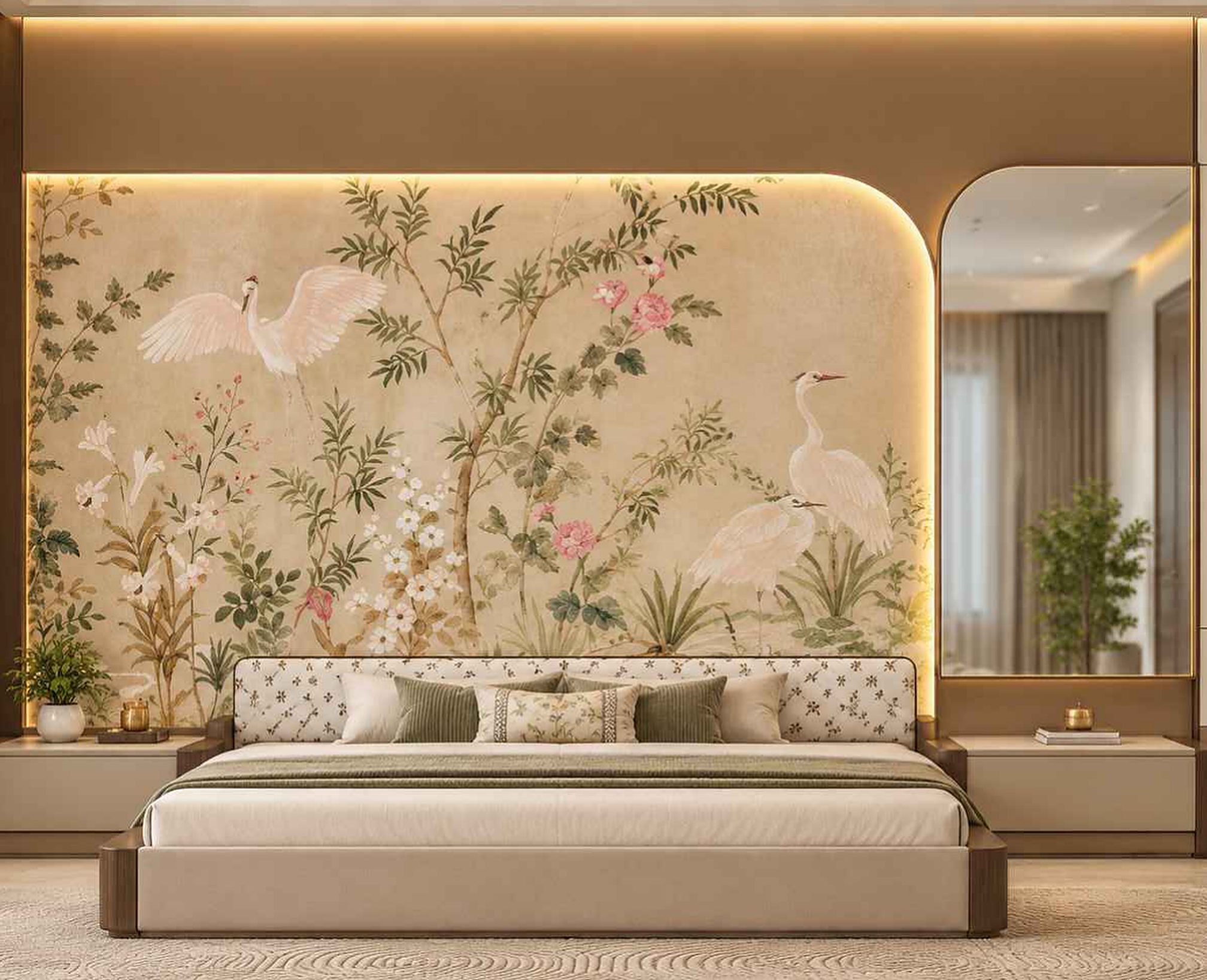 Master bedroom with a chinoiserie mural of cranes and blossom behind the bed