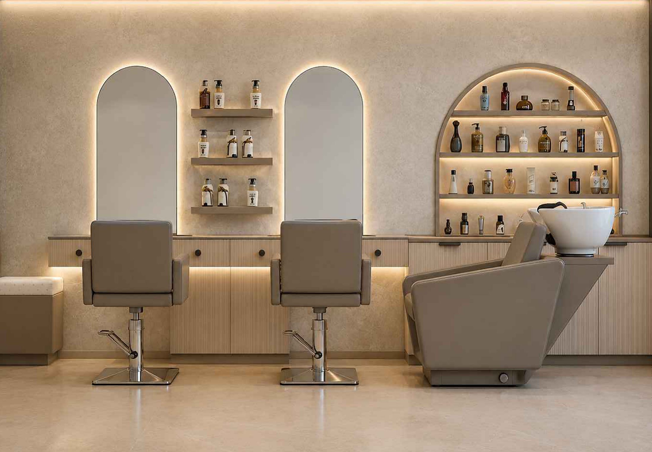 Salon with two arched mirrors, styling chairs and a lit half-round shelf niche